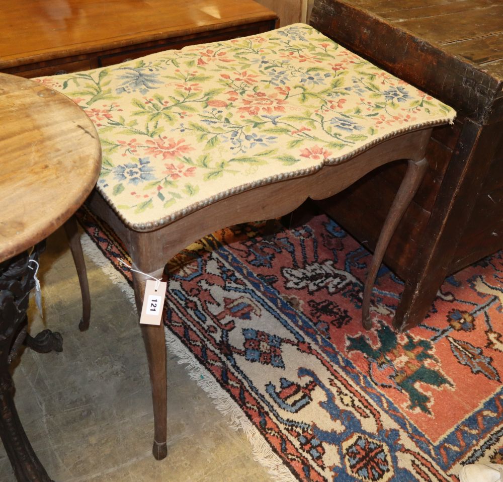 A tapestry topped table, French c.1840, W.73cm, D.52cm, H.70cm
